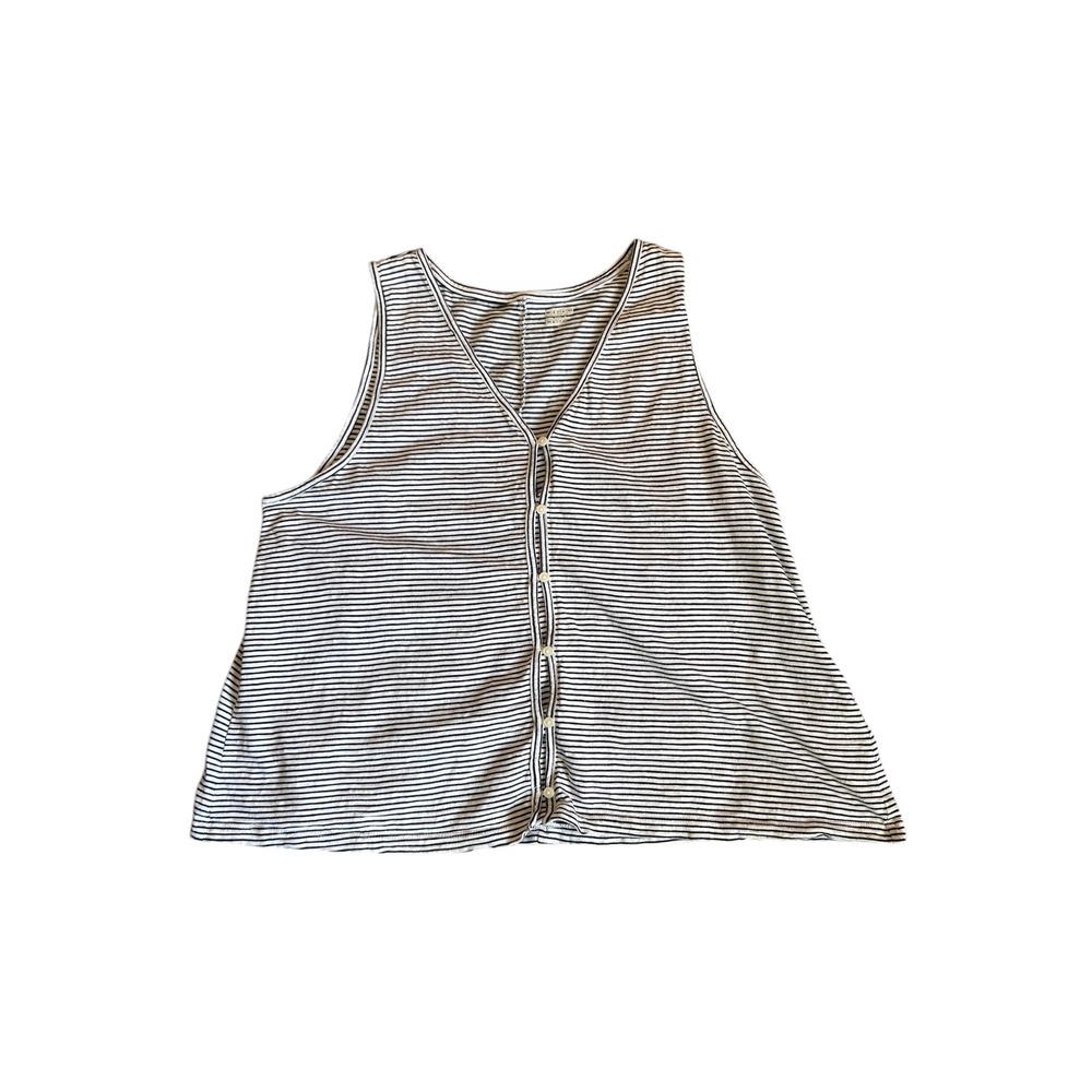 Lands End Women Medium Striped Tank Top Black White Button Front‎ Cotton